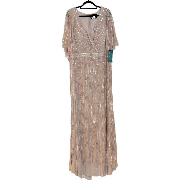NEW MAC DUGGAL EMBELLISHED BLUSH CAP SLEEVE FAUX WRAP TRUMPET GOWN SIZE 16 - Picture 6 of 16